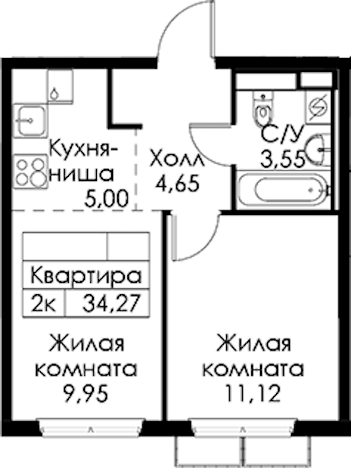1-комнатная квартира 34.27 м², 2/15 эт., ЖК «Янинский лес»